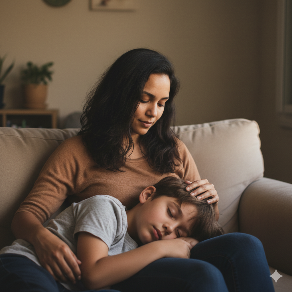 Mãe acolhedora representando acolhimento e força